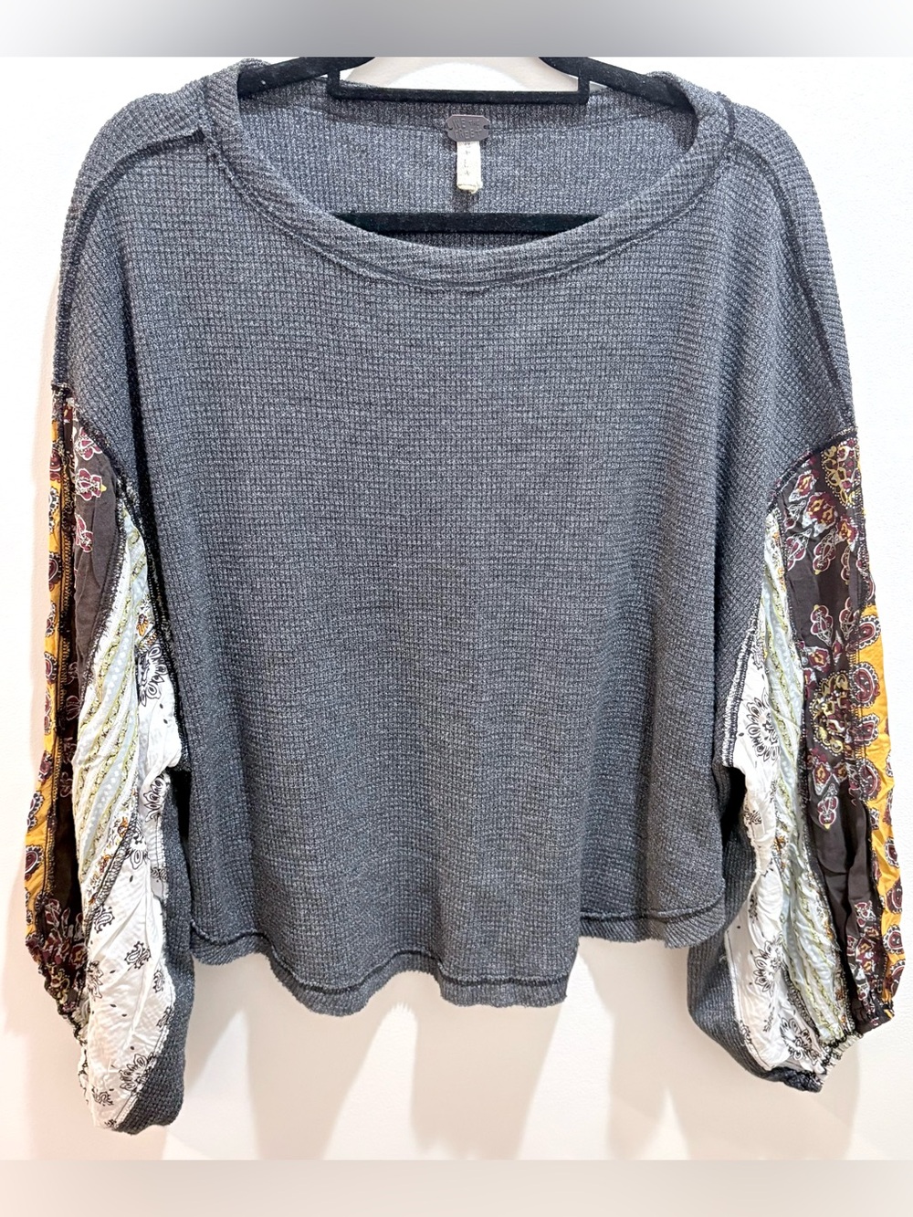 Free People We The Free Blossom Patchwork Balloon Sleeve Thermal Top Gray Large